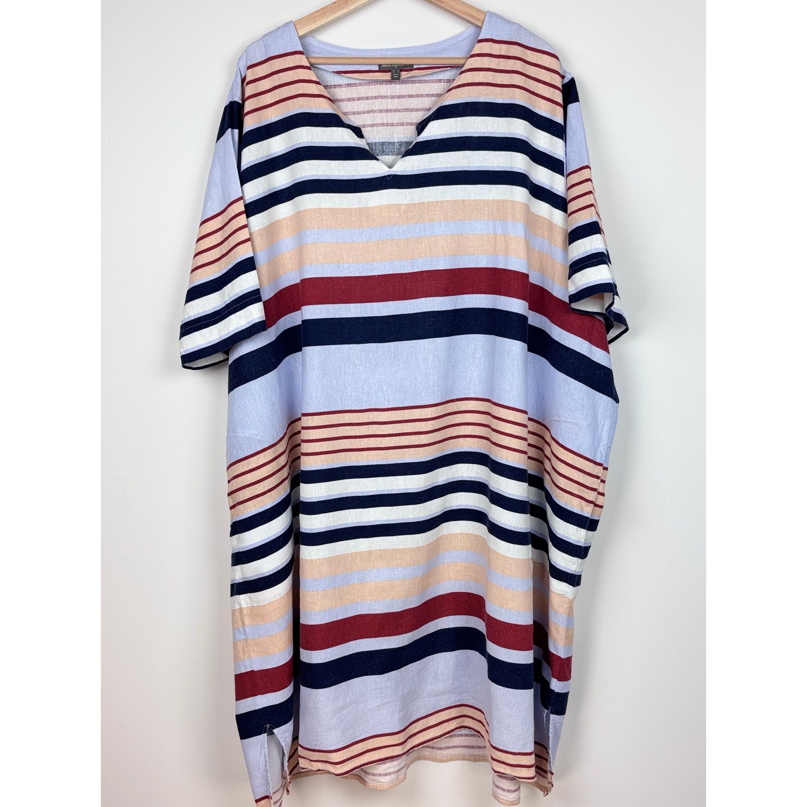 Ulla Popken Striped Linen Blend Tunic Dress | Size 30 | Blue Navy Red Tan